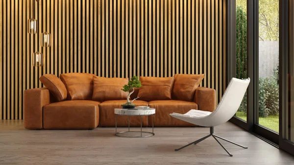 Интерьер современной гостиной с диваном 3D рендеринг — стоковое фото