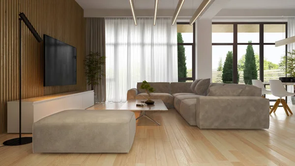 Interior ruang tamu modern dengan sofa 3d rendering — Stok Foto