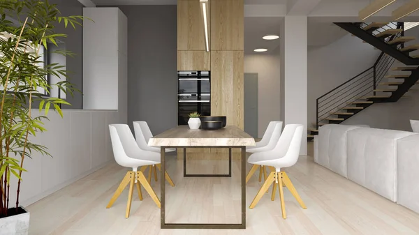 Inre av moderna matsalen 3d-rendering — Stockfoto