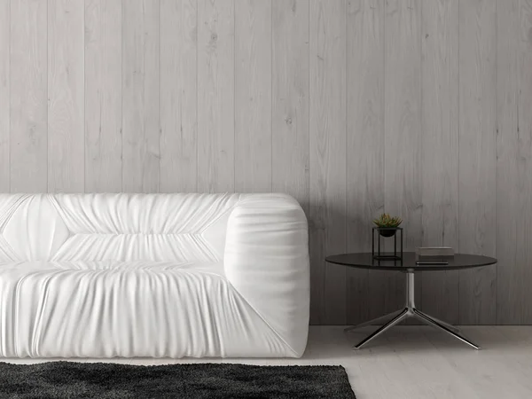 Interior da moderna sala de estar com sofá 3D renderização — Fotografia de Stock