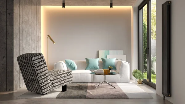 Interiör av moderna vardagsrum med soffa 3d-rendering — Stockfoto