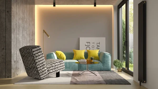 Modern oturma odası kanepe 3d render ile iç — Stok fotoğraf