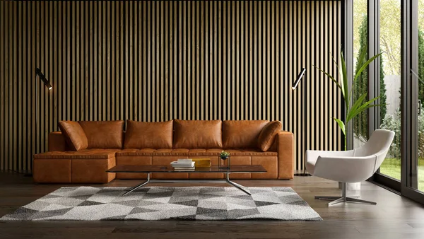 Interior of modern living room with sofa 3 D rendering — Stock Photo, Image