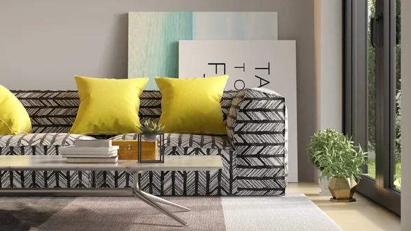 Interior de la moderna sala de estar con sofá 3 D renderizado —  Fotos de Stock