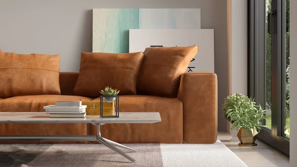 Interior da moderna sala de estar com sofá 3 D renderização — Fotografia de Stock