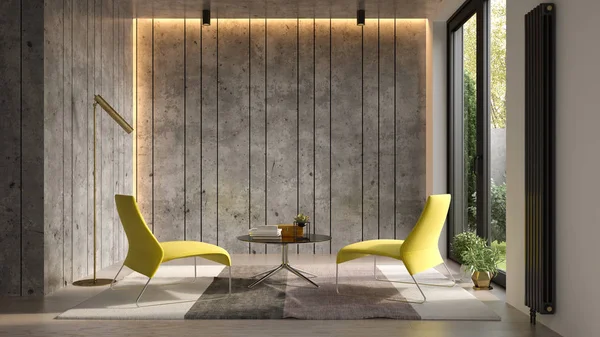 带沙发3D 渲染的现代客厅内部 — 图库照片