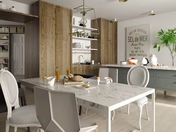 İç modern yemek odası 3d render — Stok fotoğraf