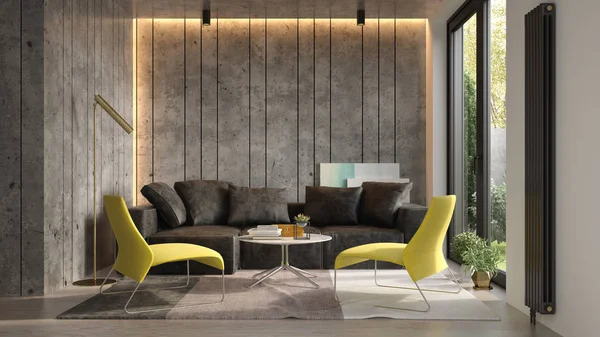 Interiör av moderna vardagsrum med soffa 3 D rendering — Stockfoto