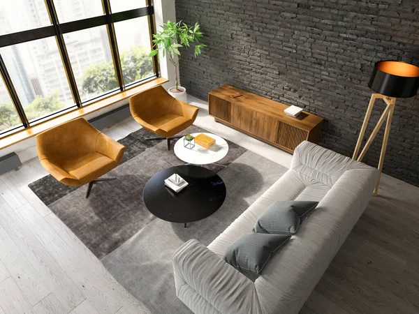 Interior de la sala de estar moderna vista superior 3D renderizado —  Fotos de Stock