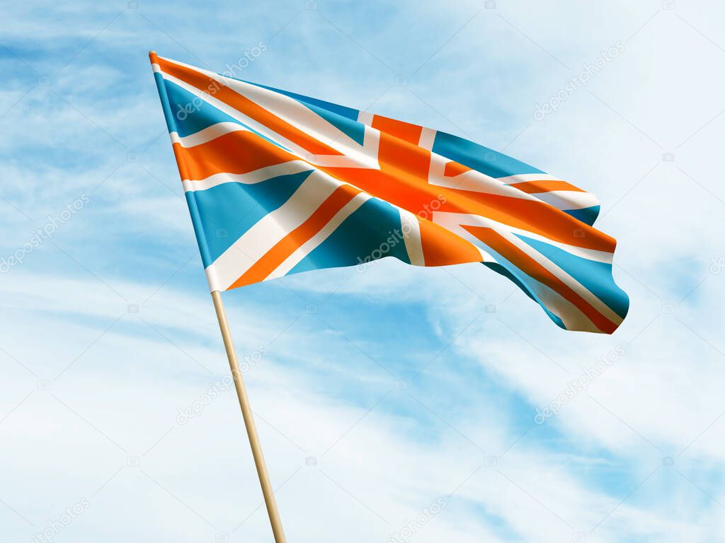 Waving UK flag on sky background 3D illustration