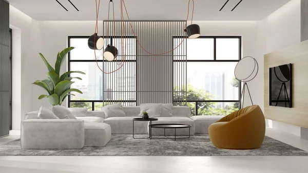 Interior Minimalis dari ruang tamu modern 3D rendering — Stok Foto