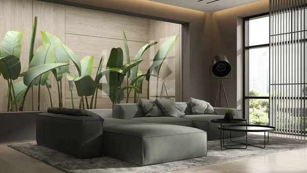 Minimalistický interiér moderního prostorového vykreslování obývacího pokoje — Stock fotografie