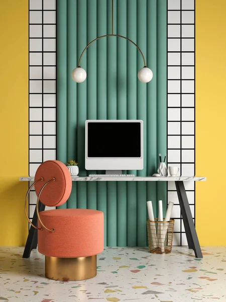 Memphis stijl conceptueel interieur Home office 3 d illustratie — Stockfoto