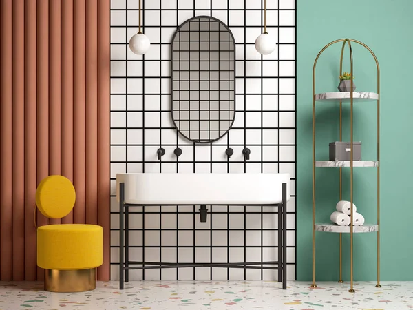 Memphis style conceptual interior bathroom 3d illustration
