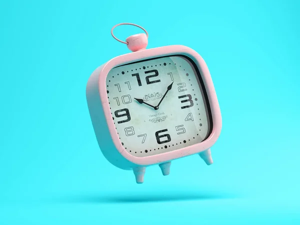 Létající růžové hodiny na modrém pozadí 3 D ilustrace — Stock fotografie