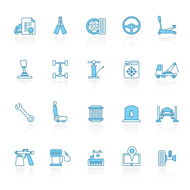 Mavi arka plan Oto servisi içeren satırı ve araba parçası simgeler - 2 vektör Icon set