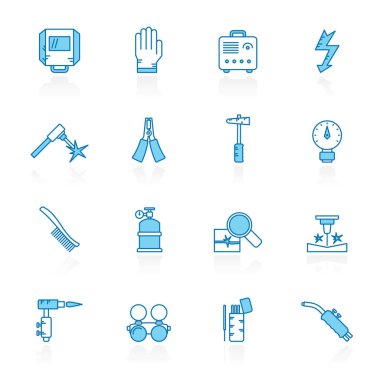 Mavi arka plan kaynak ve İnşaat araçları simgeler ile - vektör Icon set hattı