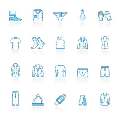Mavi arka plan adam giyim simgeler - vektör Icon set ile satır