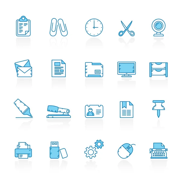 Line Blue Background Business Office Equipment Icons Vector Icon Set — Stock Vector