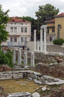 PLOVDIV, BULGARIA - MAY 25, 2018:  Panorama of Ruins of Roman Odeon in city of Plovdiv, Bulgaria clipart