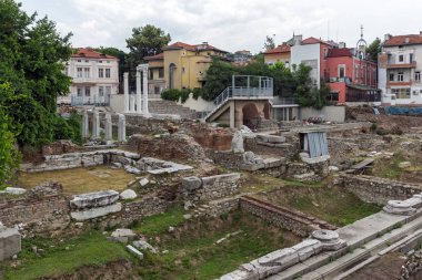 Plovdiv, Bulgaristan - 25 Mayıs 2018: Panorama in Ruins of Roma Odeon Şehir Plovdiv, Bulgaristan