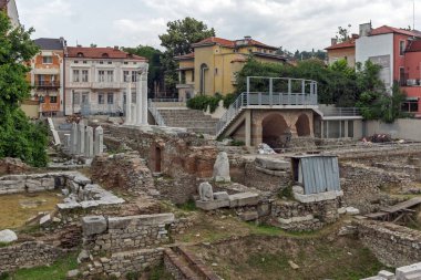 Plovdiv, Bulgaristan - 25 Mayıs 2018: Panorama in Ruins of Roma Odeon Şehir Plovdiv, Bulgaristan
