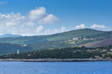Fiskardo, Kefalonia, Yunanistan - 25 Mayıs 2015: Panoramik bir görünümünü Fiskardo Köyü, Kefalonia, Ionian Islands, Yunanistan
