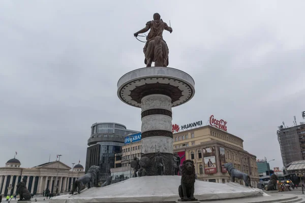 Σκόπια Πγδμ Φεβρουαρίου 2018 Skopje City Center Και Αλέξανδρος Μεγάλο — Φωτογραφία Αρχείου