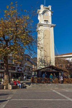 Xanthi, Yunanistan - 23 Eylül 2017: Saat Kulesi eski şehir, İskeçe, Doğu Makedonya ve Trakya, Yunanistan