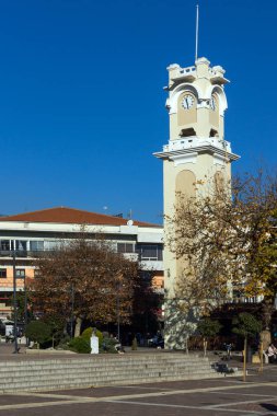 Xanthi, Yunanistan - 23 Eylül 2017: Saat Kulesi eski şehir, İskeçe, Doğu Makedonya ve Trakya, Yunanistan