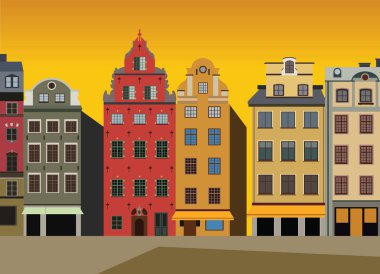 Gamla stan, Stockholm, İsveç - vektör halat Stortorget meydanında evlerin gün batımı görünümü