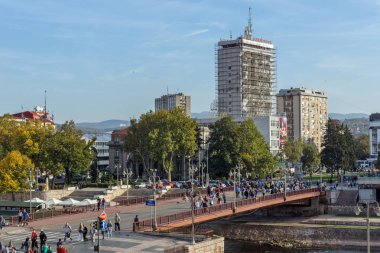 NIS, SERBIA- OCTOBER 21, 2017: Panoramic view of City of Nis and Bridge over Nisava River, Serbia clipart