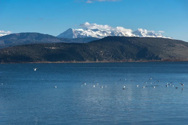 Şaşırtıcı kış manzara Lake Pamvotida ve Pindus dağdan Yanya şehir, Epirus, Yunanistan