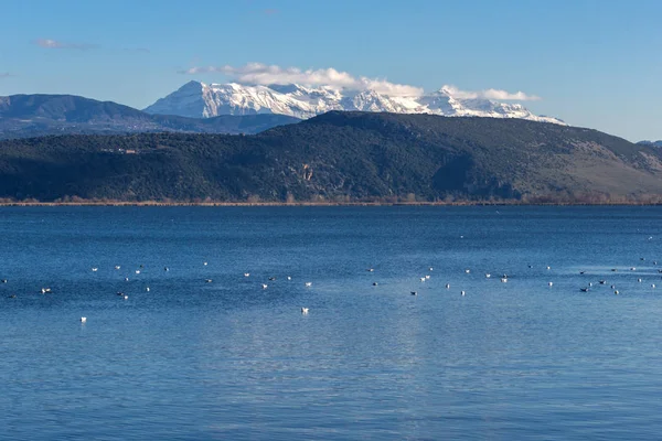 Şaşırtıcı kış manzara Lake Pamvotida ve Pindus dağdan Yanya şehir, Epirus, Yunanistan