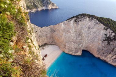 Gün batımı görünümü, mavi mağara, Zakynthos, Yunanistan