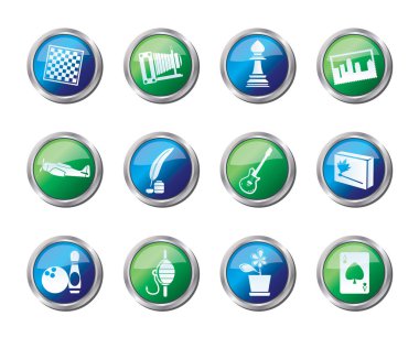 Hobi, eğlence ve tatil simgelerinin üzerinde renkli arka plan - vektör Icon Set