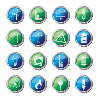 Elektrik, güç ve enerji simgelerinin üzerinde renkli arka plan - vektör Icon set
