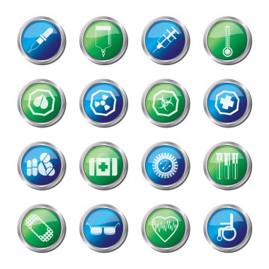 Tıbbi temalı simgeleri ve renkli arka plan üzerinde-işaretler uyarı vektör Icon Set