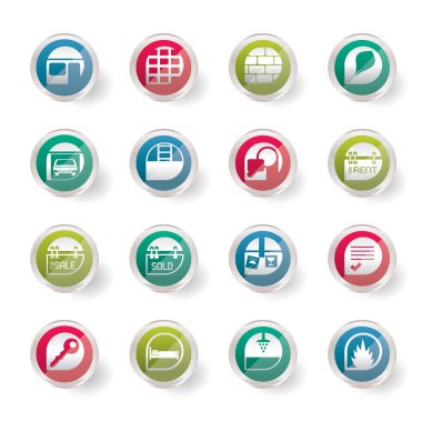 Stilize basit Emlak simgelerinin üzerinde renkli arka plan - vektör Icon Set