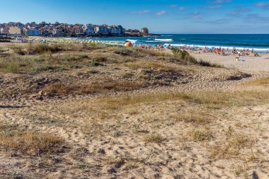 Sozopol, Bulgaristan - 13 Temmuz 2016: Panoramik Harmanite plaj Sozopol, Burgaz bölge, Bulgaristan