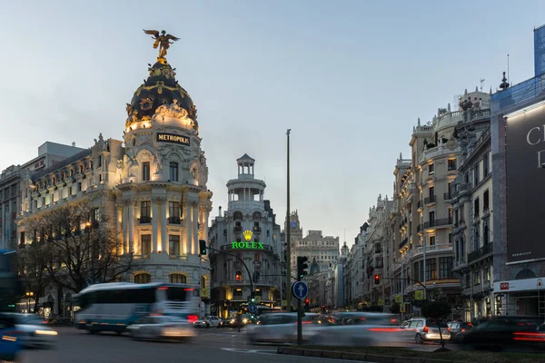 Madrid Španělsko Ledna 2018 Sunset Pohled Gran Budova Metropolis Edificio — Stock fotografie