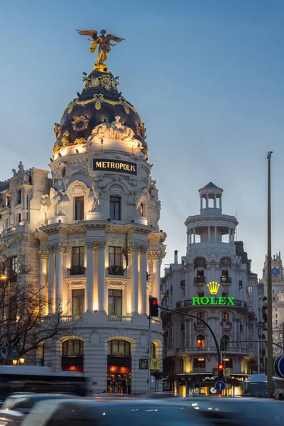 Madrid España Enero 2018 Vista Atardecer Del Edificio Gran Vía —  Fotos de Stock