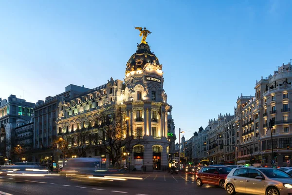 Madrid Španělsko Ledna 2018 Sunset Pohled Gran Budova Metropolis Edificio — Stock fotografie