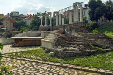 Stara Zagora, Bulgaristan - 5 Ağustos 2018: Auditorium Augusta Traiana merkezi olan şehir Stara Zagora, Bulgaristan kalıntıları, antika Forum