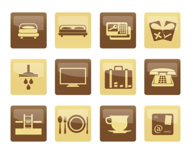 Otel hem de motel simgelerinin üzerinde kahverengi zemin - vektör simgesi ayarla