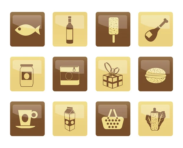 Dükkanı Yiyecek Içecek Simgelerinin Üzerinde Kahverengi Zemin Vektör Icon Set — Stok Vektör