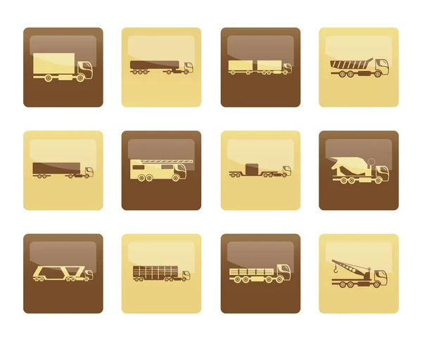 Différents Types Camions Camions Icônes Sur Fond Brun Ensemble Icônes — Image vectorielle