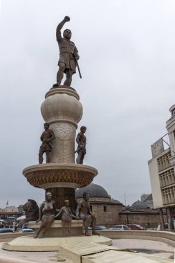 Skopje, Makedonya - 24 Şubat 2018: Philip II Makedonya anıtın Üsküp, Makedonya Cumhuriyeti