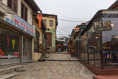 Skopje, Makedonya - 24 Şubat 2018: Eski ın Bazaarı (eski Pazar) şehir Üsküp, Makedonya Cumhuriyeti