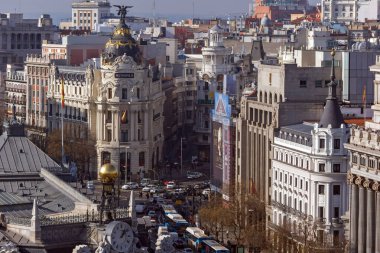 Madrid, İspanya - 24 Ocak 2018: Şaşırtıcı Panorama şehir Madrid Kibele Palace (Palacio de Cibeles), İspanya